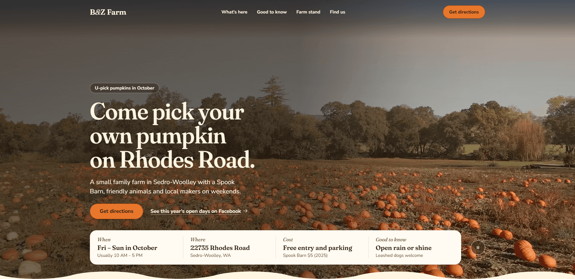 Homepage of B&Z Farm: a dim video still of a pumpkin field scattered with orange pumpkins before a line of leafy trees under an overcast sky, under a top bar carrying the serif 'B&Z Farm' wordmark, navigation reading What's here, Good to know, Farm stand, and Find us, and an orange 'Get directions' button, above a 'U-pick pumpkins in October' pill, the large serif headline 'Come pick your own pumpkin on Rhodes Road.', a line about a small family farm in Sedro-Woolley with a Spook Barn, friendly animals, and local makers on weekends, an orange 'Get directions' button beside a link to the year's open days on Facebook, a cream card listing when, where, cost, and good to know - Fri - Sun in October, 22735 Rhodes Road, free entry and parking, and open rain or shine - and a pause control for the background video, above a wavy cream edge.
